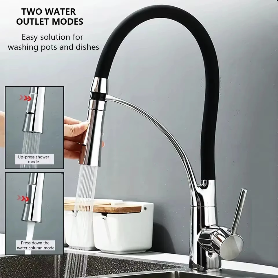 Silver/Black Kitchen Sink Faucet Rotating Pull down Sink Faucet Installation Deck Bathroom Installation Hot and Cold Water Mixer
