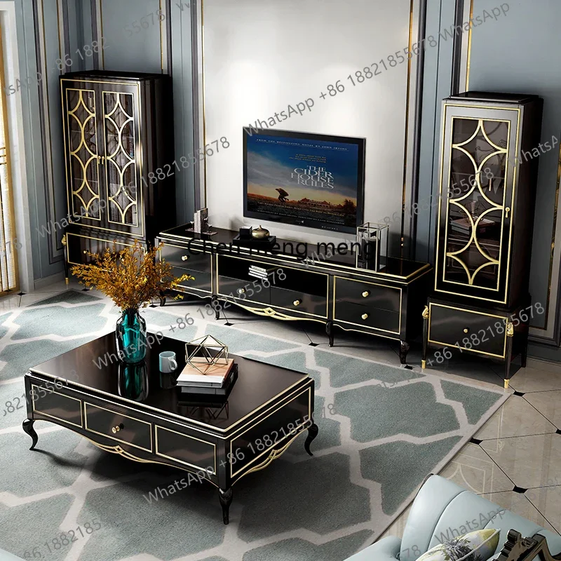 

Комбинация журнального столика и тумбы под телевизор ze5556 из американского массива дерева с ящиками, современный, лаконичный, в стиле лёгкой роскоши, чёрного цвета, для европейской гостиной.