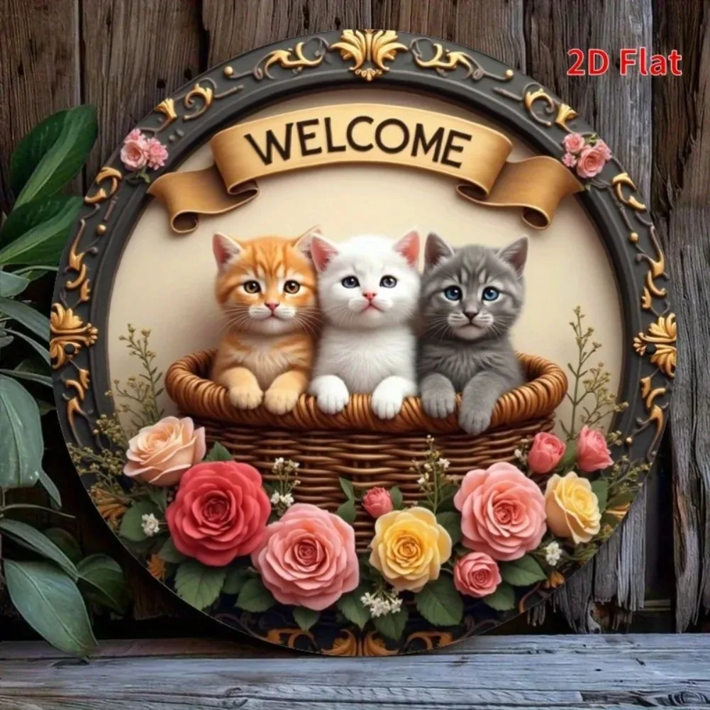 1 x kreisförmiges „Three Cats Welcome“-Schild aus Metall – lebendiges und friedliches Dekor |   Wohnzimmer/Schlafzimmer/Veranda