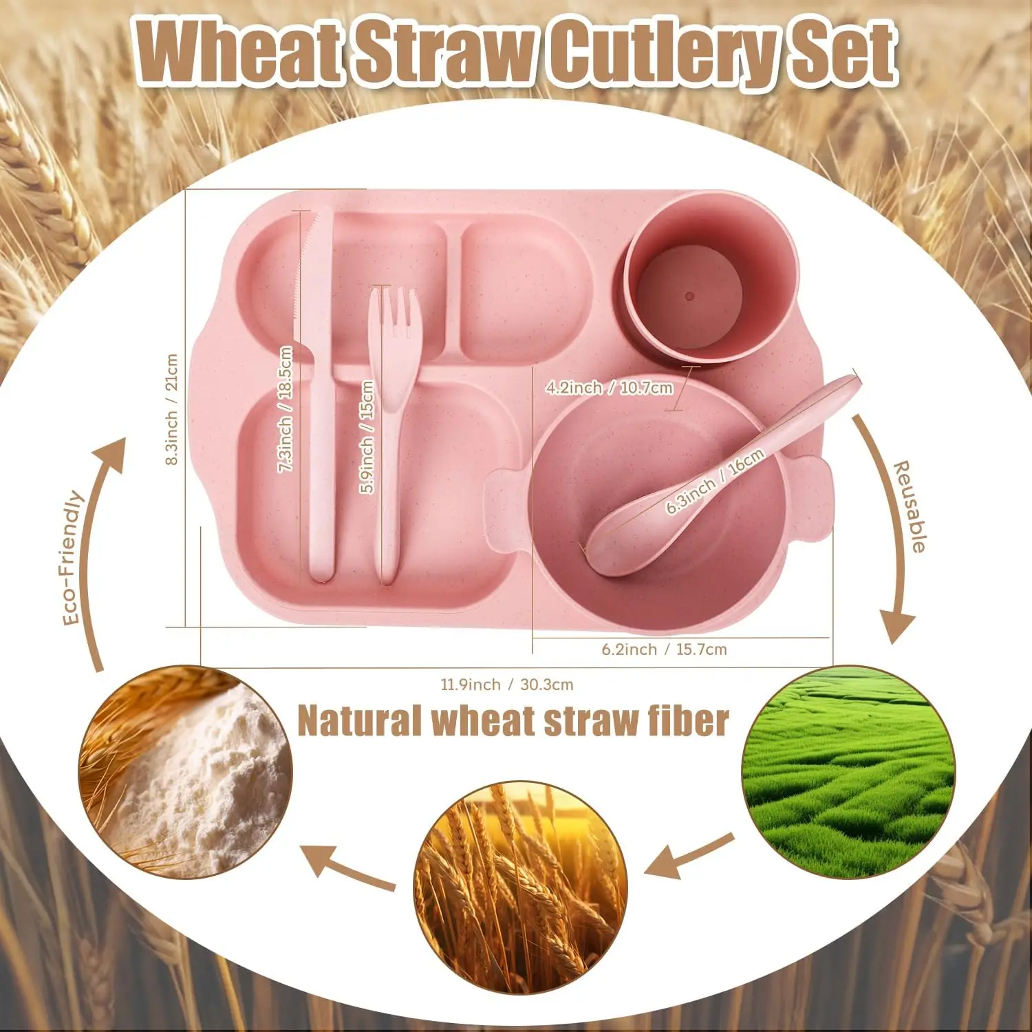 24 PCS Wheat Straw Dinnerware Set For Kids Toddler Plate Bowl Cup Sets Unbreakable BPA-Free Tableware Set With Divided Plate