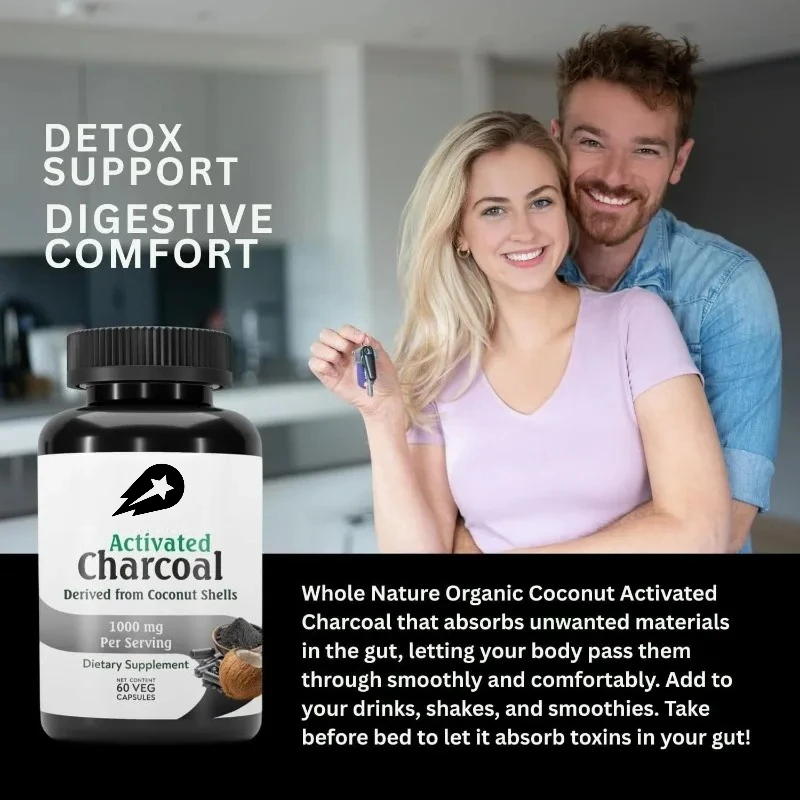 

Активированный уголь, 500 мг, ежедневное очищение, пищеварительная поддержка, натуральная пищевая добавка, 60 капсул для здоровой жизни