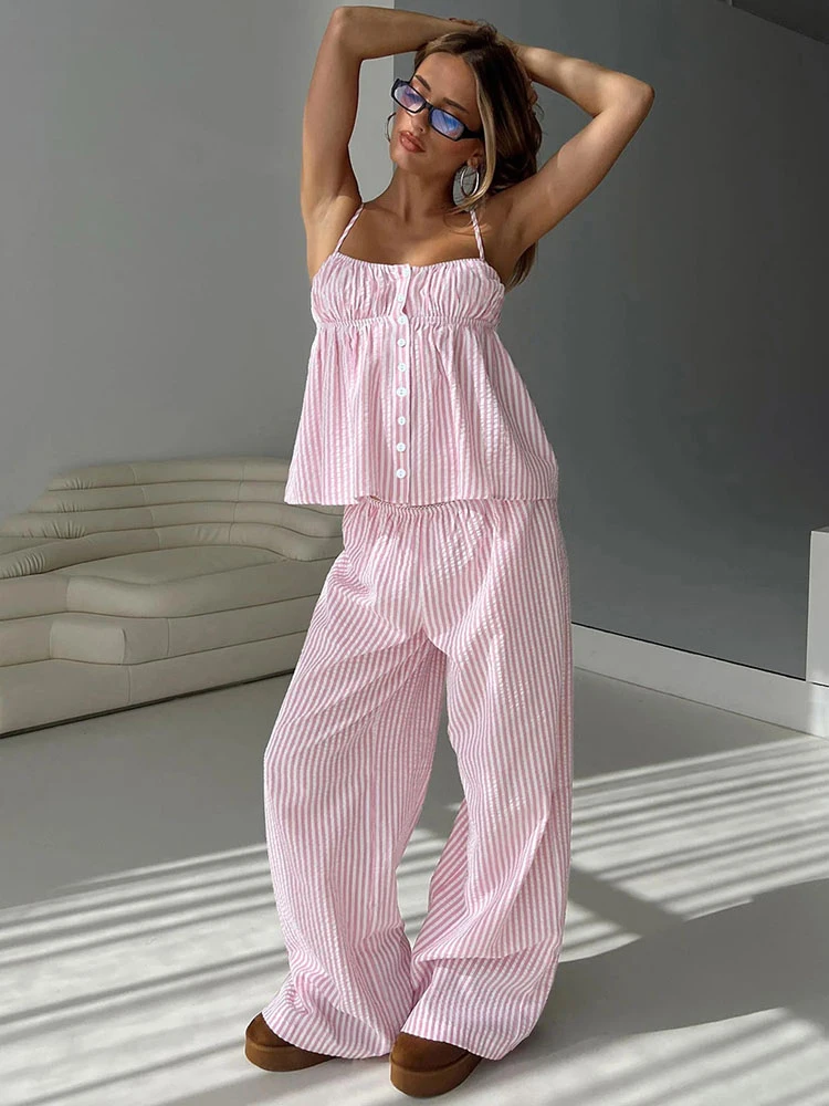 

Women's Striped Pajamas Two Piece Set Suspender Button Sleeveless Tank Tops Elastic Wide Leg Pants Loose Comfortable Homewear