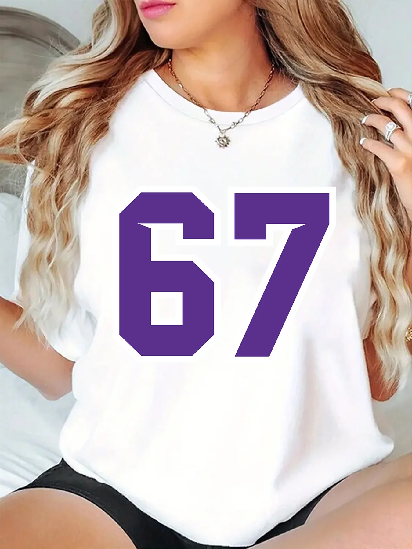 Purple White Outline Number 67 Vintage Sport Font Art Graphic Womens T Shirt Short Sleeve Crew Neck Daily Casual Ladies Tee Tops