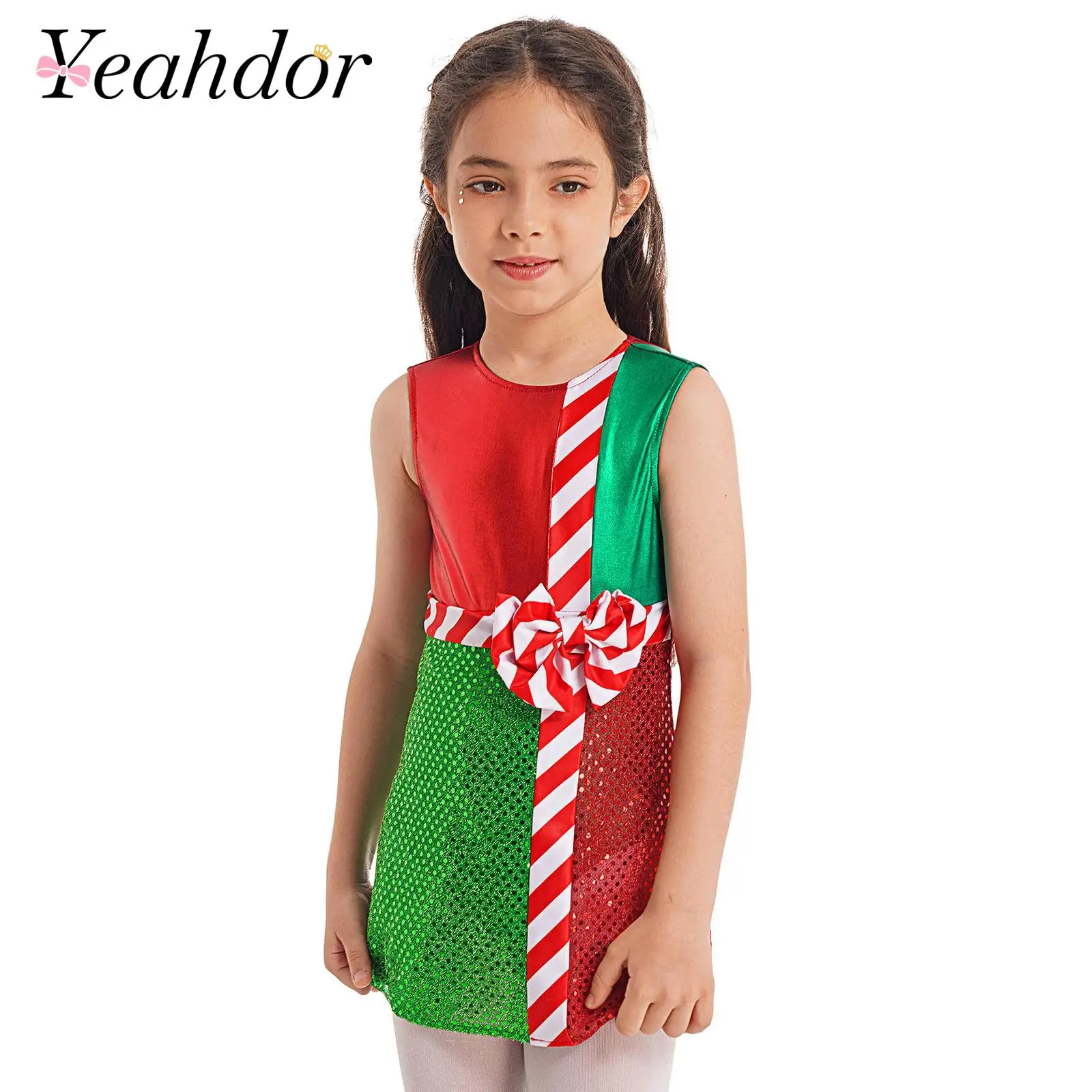 Kids Girls Christmas Dance Dress Candy Cane Striped Carnival New Year Dresses Kids Girls Shiny Sequins Santa Claus Costumes