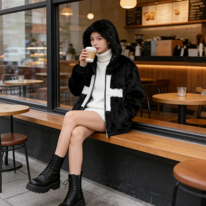 

Dark subculture cross-shaped double-sided wear coat for men and women. Synthetic fur two-sided wear hooded jacket.