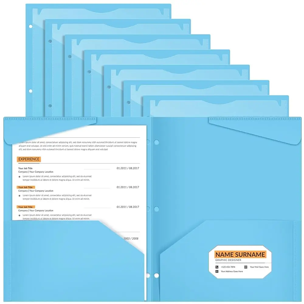 

24 Pcs Light Blue Plastic Folders with 2 Pockets and Clear Front Pocket 3 Holes for 3-Ring Binder Durable Poly Folder for Sc