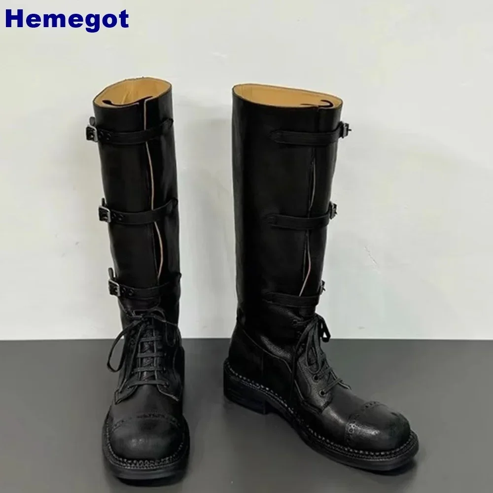 Retro Belt Buckle Women\'s Knight Boots 2024 Autumn Round Street Cross Straps Leather Long Boot Black/brown Party Casual Boots