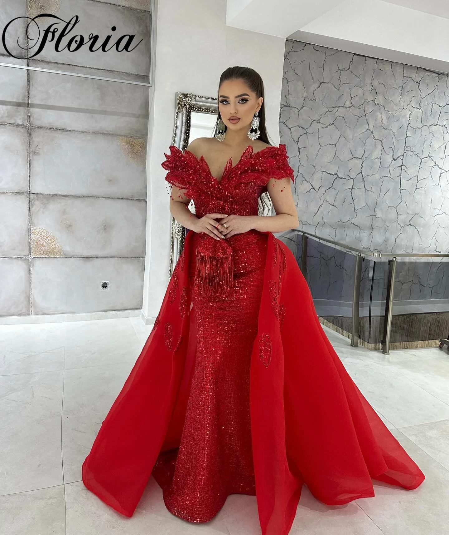 Two Pieces Red Evening Dresses With Detachable Train Sweetheart Off Shoulder Engagement Gowns Vestidos De Gala Wedding Party