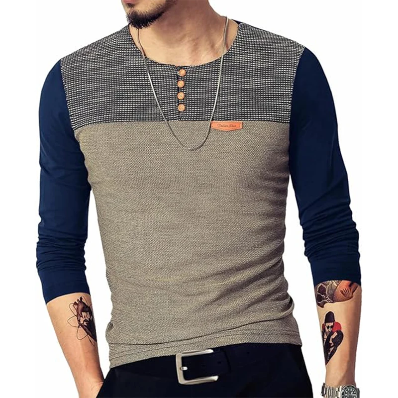 Spring Men's Slim Fitted Casual Long Sleeve Button T-Shirts Contrast Color Stitching Top Tees Hip Hop Streetwears