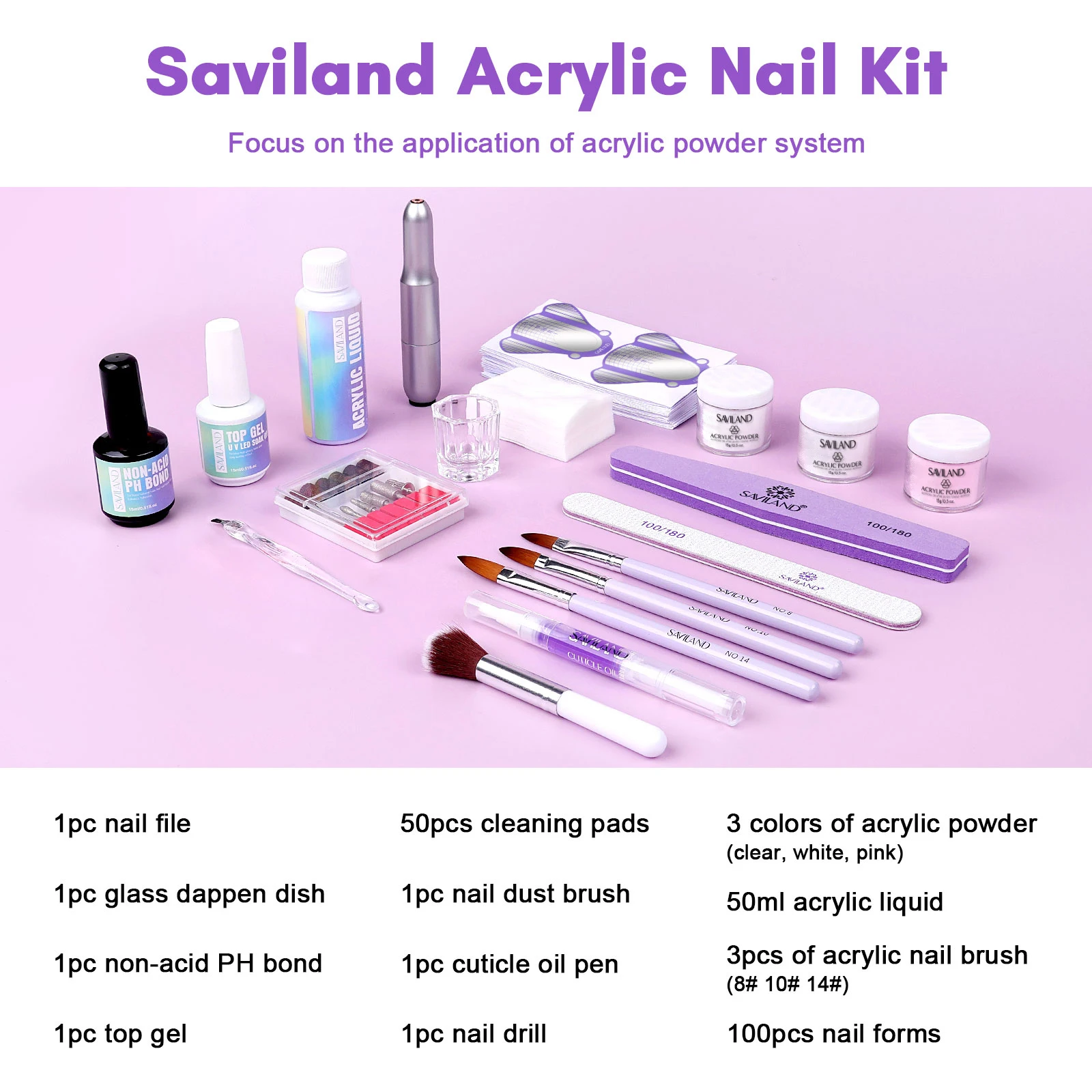 SAVILAND アクリルネイルキット（ネイルドリル、0.5オンスクリアホワイトピンクパウダー、50mlリキッド、ブラシ、フォーム付き）初心者向けホームDIY