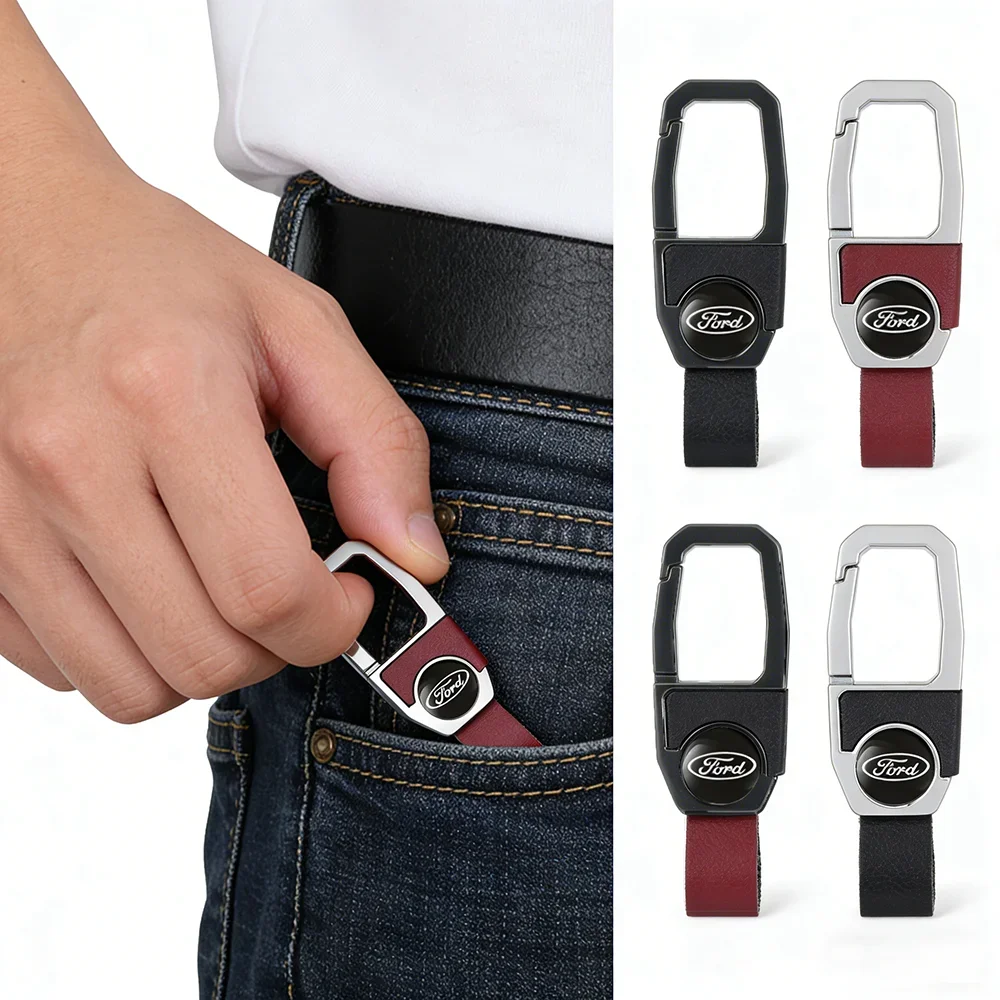 Car Keychain Zinc Alloy Leather Strap Ford Logo Pendant 4 Color Options Durable Car Key Accessory for Ford F-150 Mustang Focus