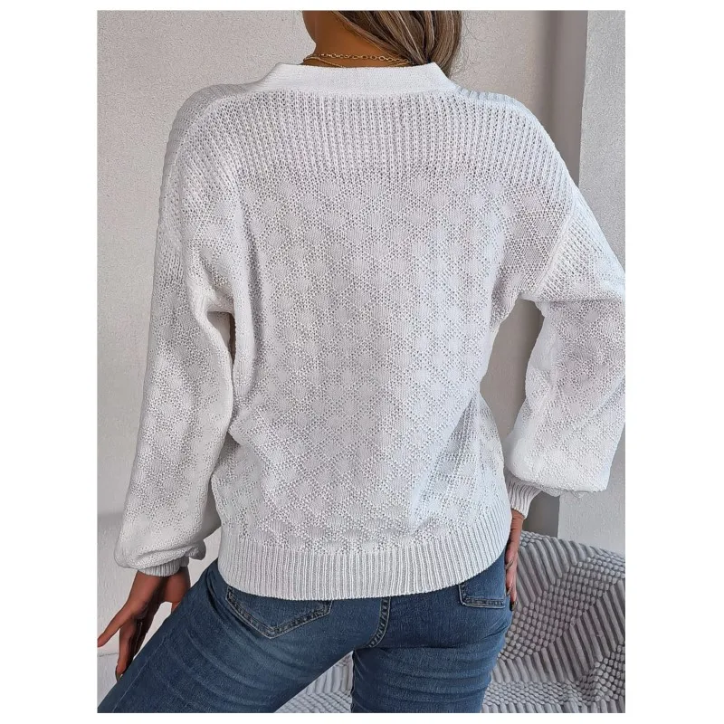 Autumn And Winter Casual Solid Color Loose V-neck Button Lantern Sleeve Sweater Women's Long Sleeved Versatile Pullover Sweater