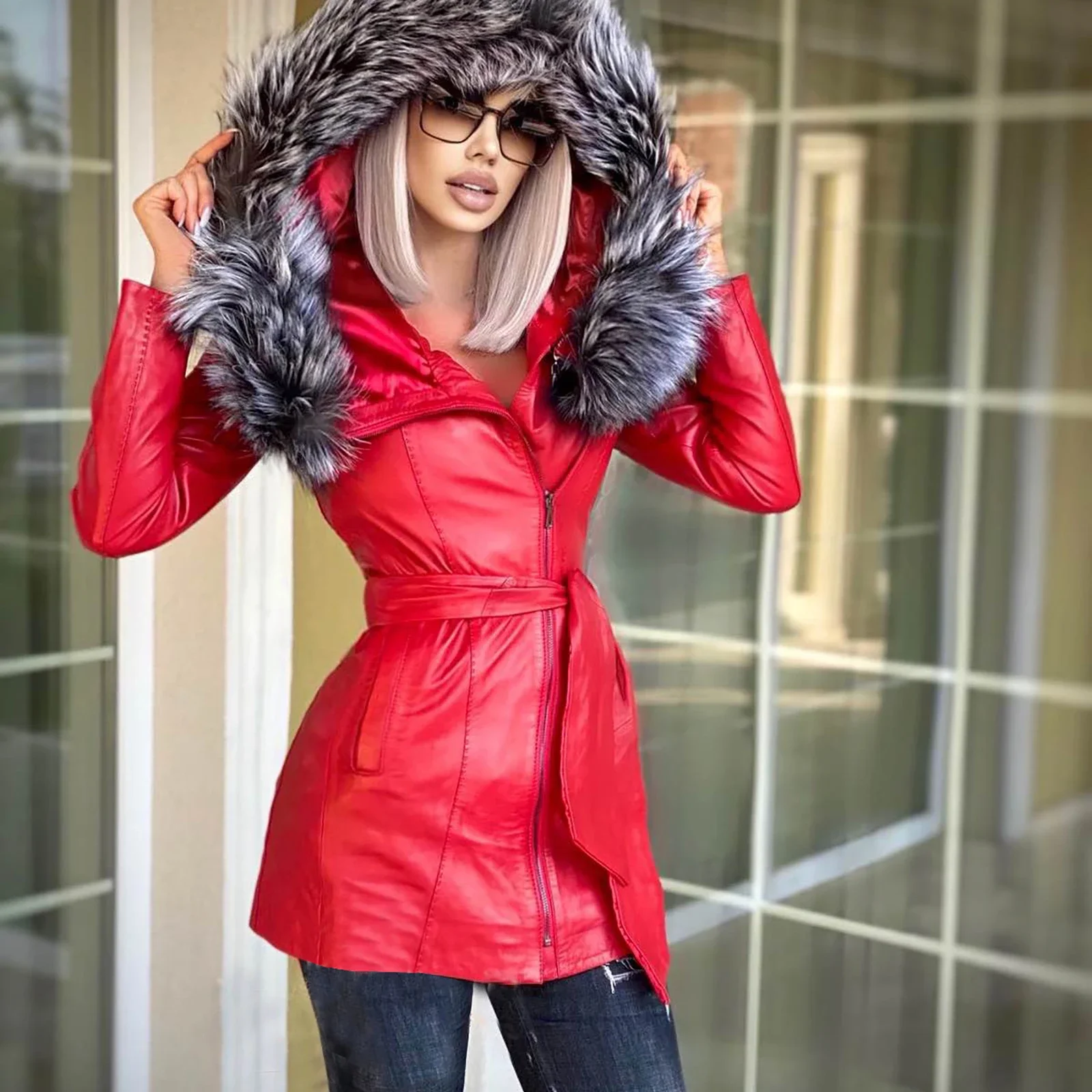 Fashion Red Genuine Leather Overcoats with Real Silver Fox Fur Trim of Hood Medium Length Natural Fox Fur Leather Coat Outwear