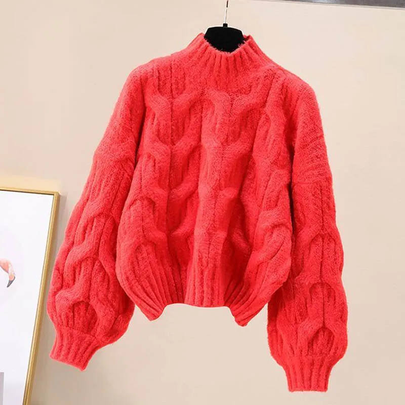 เสื้อสเวตเตอร์ผู้หญิงคอกลมลายใหญ่ แขนทรงกระบอก สำหรับฤดูใบไม้ร่วงและฤดูหนาว ทรงหลวม สไตล์ลำลอง ผ้าถักหนา รุ่น 12