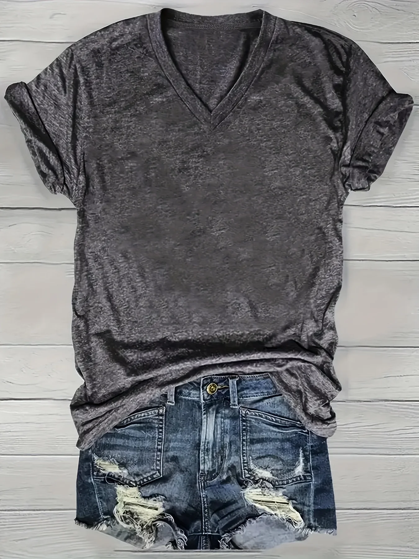 [Von Nianlian ausgewählt] Einfarbiges T-Shirt mit V-Ausschnitt, lässiges T-Shirt mit kurzen Ärmeln für Frühling und Sommer, Damenbekleidung. – Detail 6