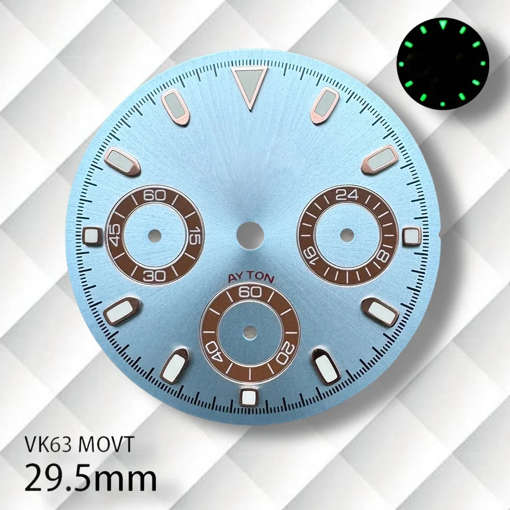 29.5mm S 로고 DTN 팬더 다이얼 VK63 무브먼트 호환 녹색 야광 최신 스타일 다이얼 시계 개조 액세서리