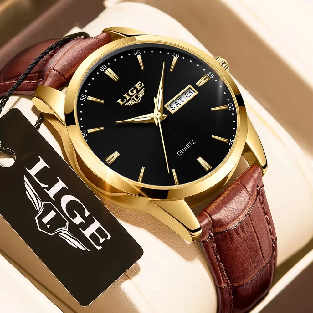 LIGE Orologi alla moda da uomo Orologio al quarzo di lusso delle migliori marche Cinturino in pelle da uomo Orologio da polso da uomo casual da lavoro impermeabile