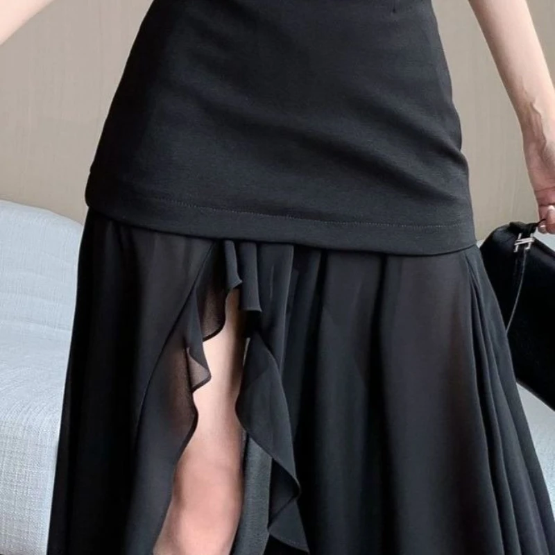 Black Chiffon Suit Skirt 2025 Spring and Summer Women's Design Sense Mesh Stitching High Waist Side Split Long Hip Skirt.