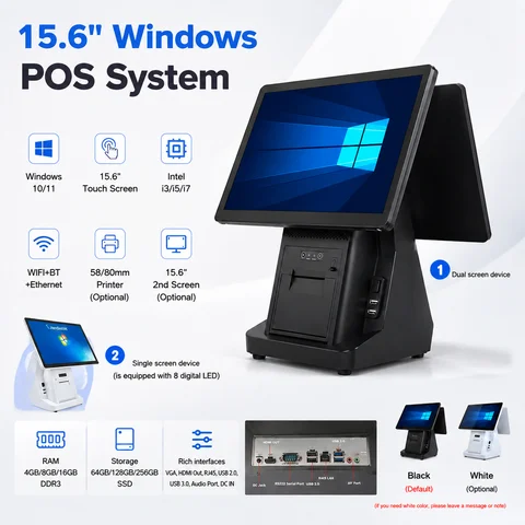 15.6 Inch Windows POS System I3 I5 I7 Win10 Win11 Touch Screen Cash Register 58/80mm Thermal Printer Restaurant POS Terminal
