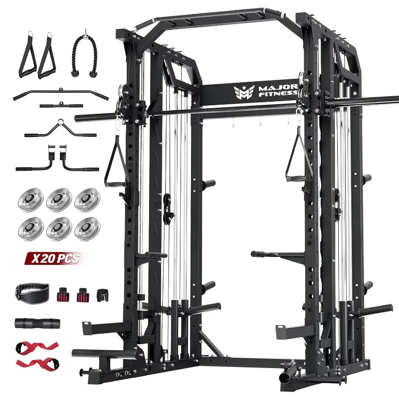 Smith Machine Home Gym Squat Rack Pulley Bar Dual LAT Pull-Down Cable Crossover Full Body Workout