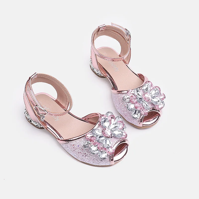 Summer Children's Glitter Low Heel Sandals Chic Rhinestone Girls Perform Dress Shoes For Princess Wedding Party Kids Sandals