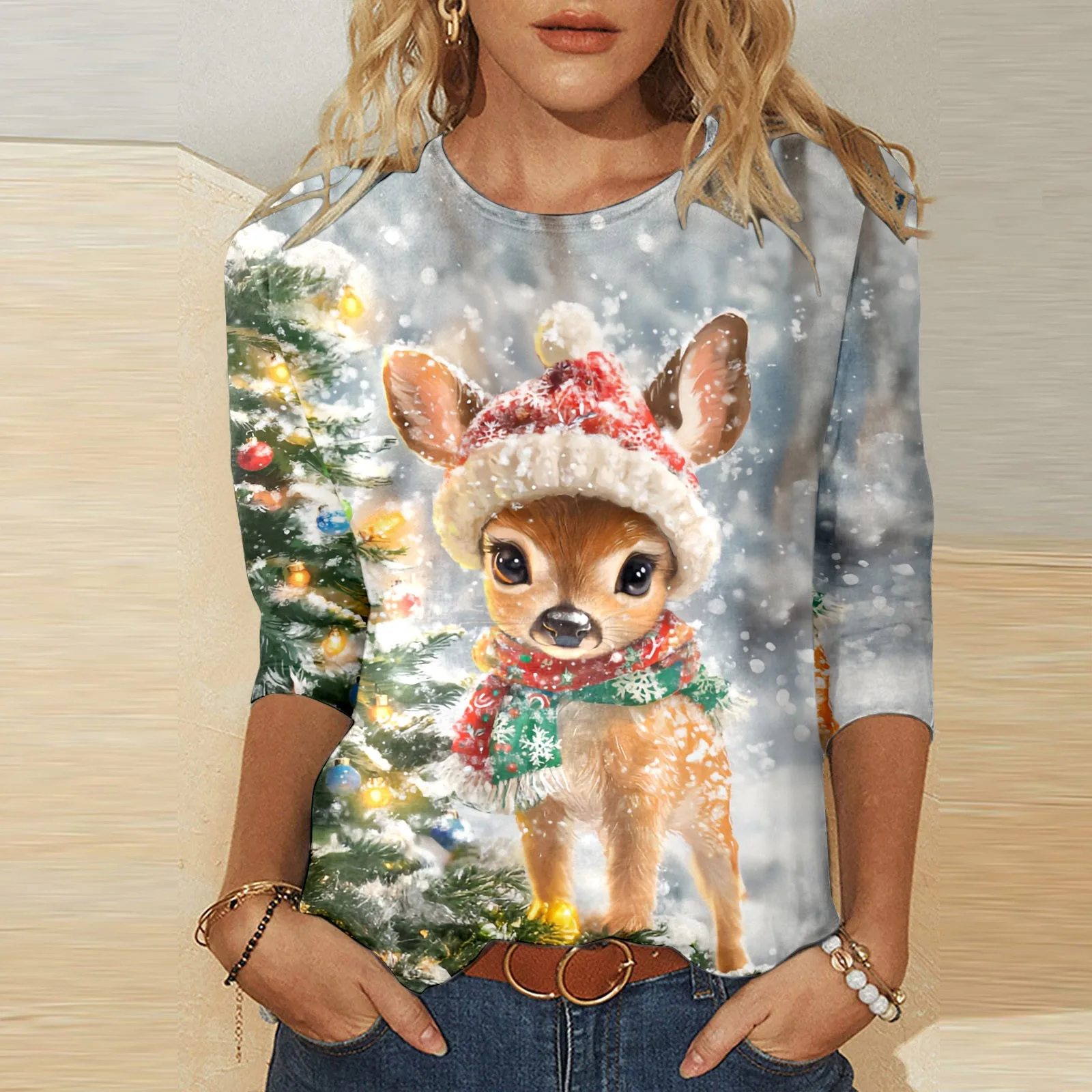 

Women's Sweatshirt Elk Snowflake Fawn Print Round Neck Long SleeveHoodless Pullover Fashion Casual Christmas Pattern Tops