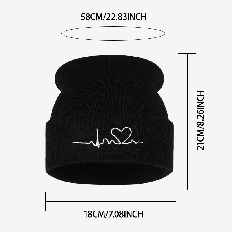 Heartbeat Heart Embroidered Knit Beanie, Soft Stretchy Adult Cuffed Hat, Trendy Accessory for Daily Party Holiday Gift