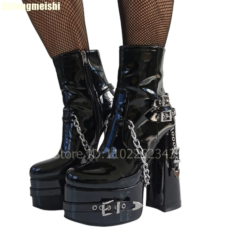 

Black Patent Leather Y2K Gothic Square Heel Boots 2025 New Punk Style Chain Belt Buckle Ankle Boots Round Toe Platform Shoes
