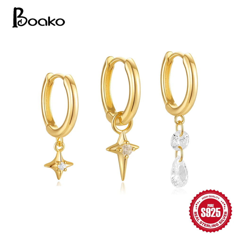 BOAKO 100% 925 Sterling Silver Star Round Zircon Pendant Earrings For Women 18K Gold Plated Ear Pierced Boucle D'oreille Mariage