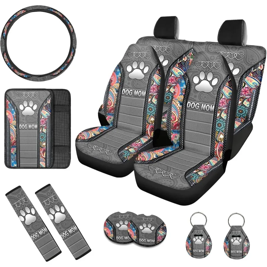 

Dog Mom Printed Car Seat Cover Set with Dog Paws Design for Vehicle Interior Protection Easy to Install Auto Accessories Includ