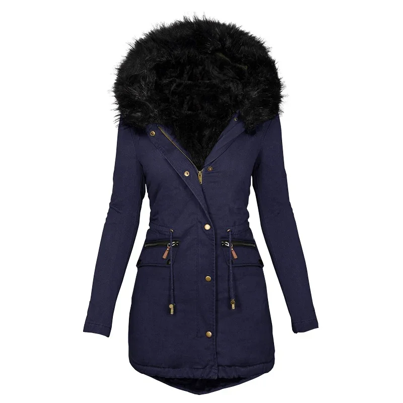 Winters Women\'s Fur Collar Mid-length Parka Coat Solid Color Fluffy Hat Zipper Waist Drawstring Warm Coats  Jacket