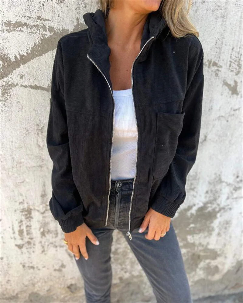 2024 Fashion Leisure Women's Hot Selling New Pure Color Jacket Women's Simple Style Corduroy Hooded Jacket