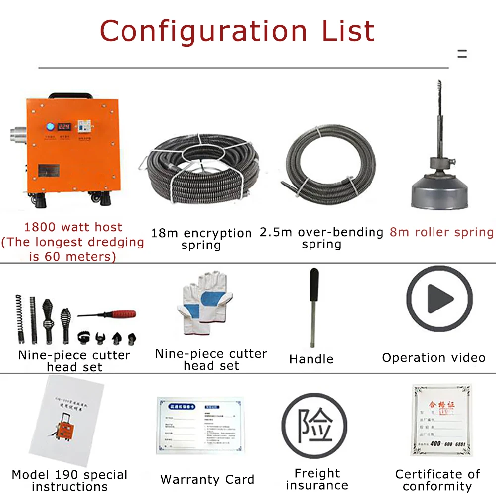 1800W Sewer dredging machine professional electric pipe dredging machine high-power pass tool toilet blockage