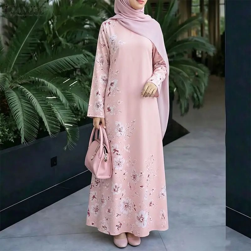 ZANZEA Muslim Abaya Women Floral Print Maxi Dresses O Neck Long Sleeve Loose Ramadan Sundress IsIamic Robe Casual Kaftan Vestido