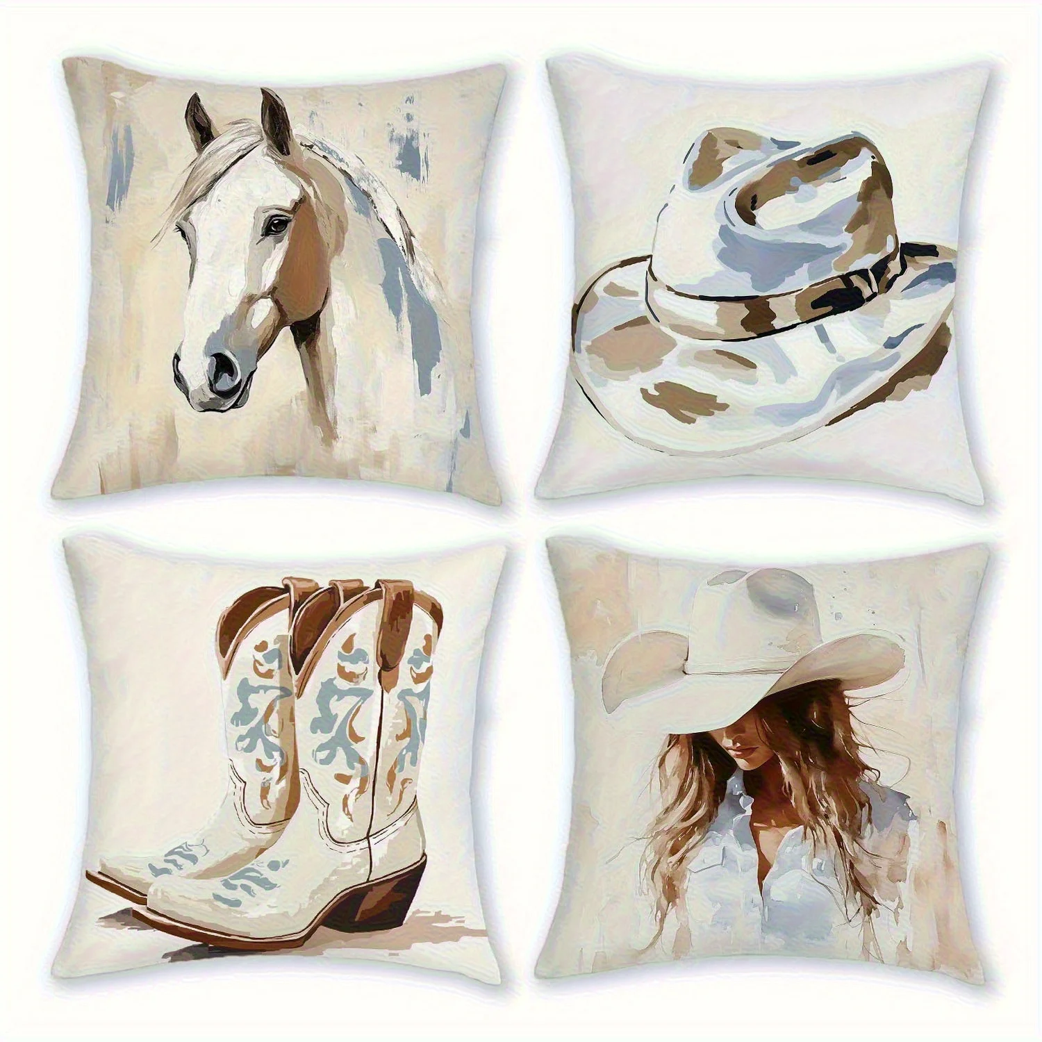 Vintage Western Pillow Covers, Cowboy Horse Boots Decorative Throw Pillow Cases, Rustic Home Decor for Sofa Bed, No Insert 4pcs
