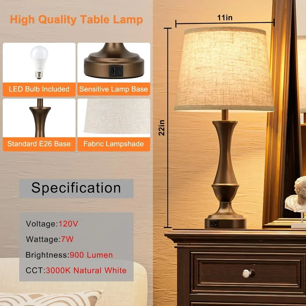 Upgraded Touch Lamps for Night Stands Set of 2 - Bedside Lamps with USB C+A, 3 Way Dimmable for Bedroom Living Room End Tables Office (Beige & Brown) view 5