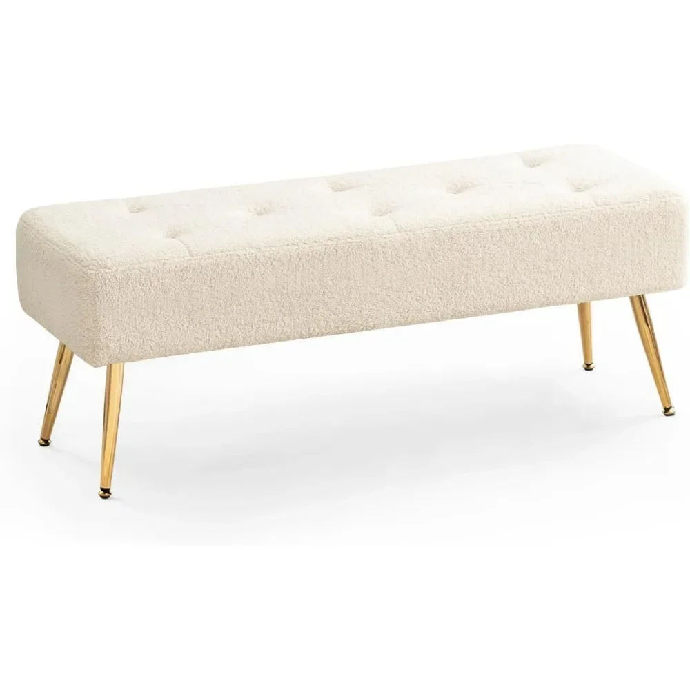 

Faux Fur Boho Bench Ottoman Upholstered Tufted Bench with Padded Seat, Footrest Foot Stool Sturdy Metal Leg Bedroom Entryway