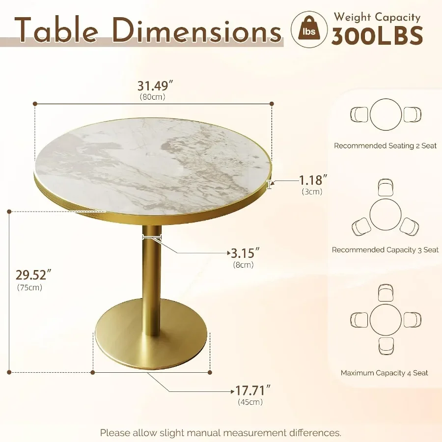 31.5 Inch Circle Tulip Table with Thickened Sintered Stone Tabletop and Golden Metal Pedestal, Small Dining Table Bistro Table