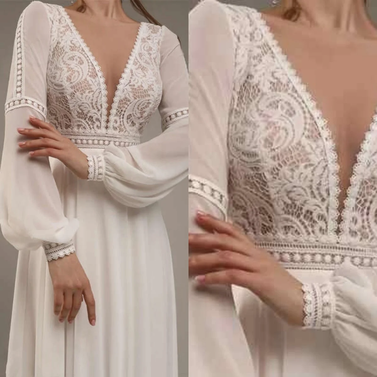 Vestido De Novia De manga larga con cuello en V De gasa blanca personalizado, vestidos De Novia De temperamento suave bohemio, Vestido De Novia De encaje, tren De barrido
