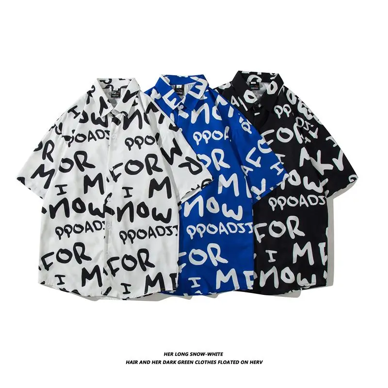 

American Style Ice Silk Letter Print Short Sleeve Shirt Men's plus Size Blue Stripes Thin Men's Casual Fashion Summer Shirt