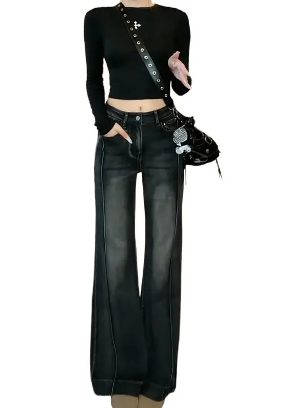 Retro Jeansy Damskie Plus Size w Stylu Vintage z Szerokimi Nogawkami, Jesienno-Zimowe, Nowe, Wyszczuplające Długie Spodnie