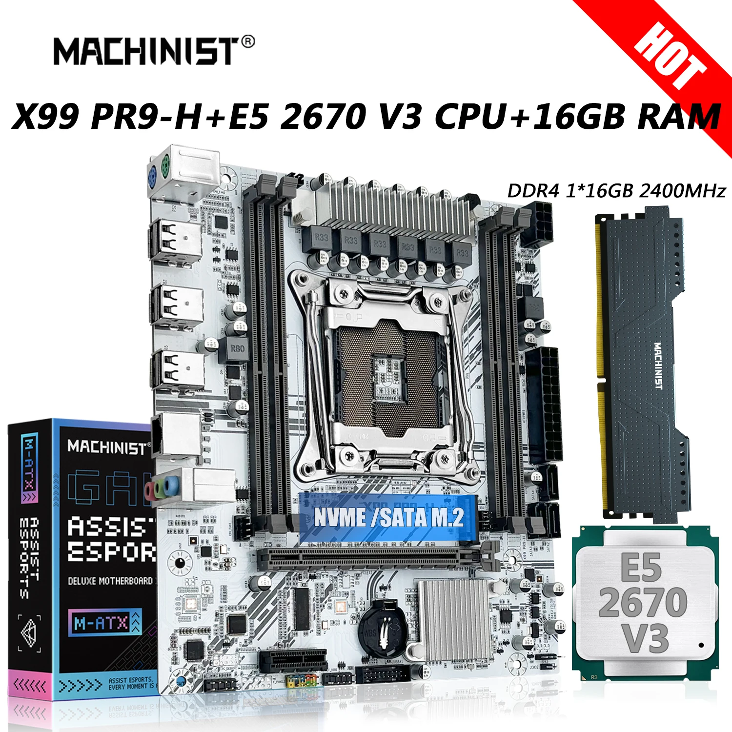 

MACHINIST X99 PR9-H Motherboard Combo LGA 2011-3 Xeon E5 2670 V3 CPU Kit 1pcs DDR4 16GB RAM 2400MHz Memory Set SSD SATA/NVME M.2