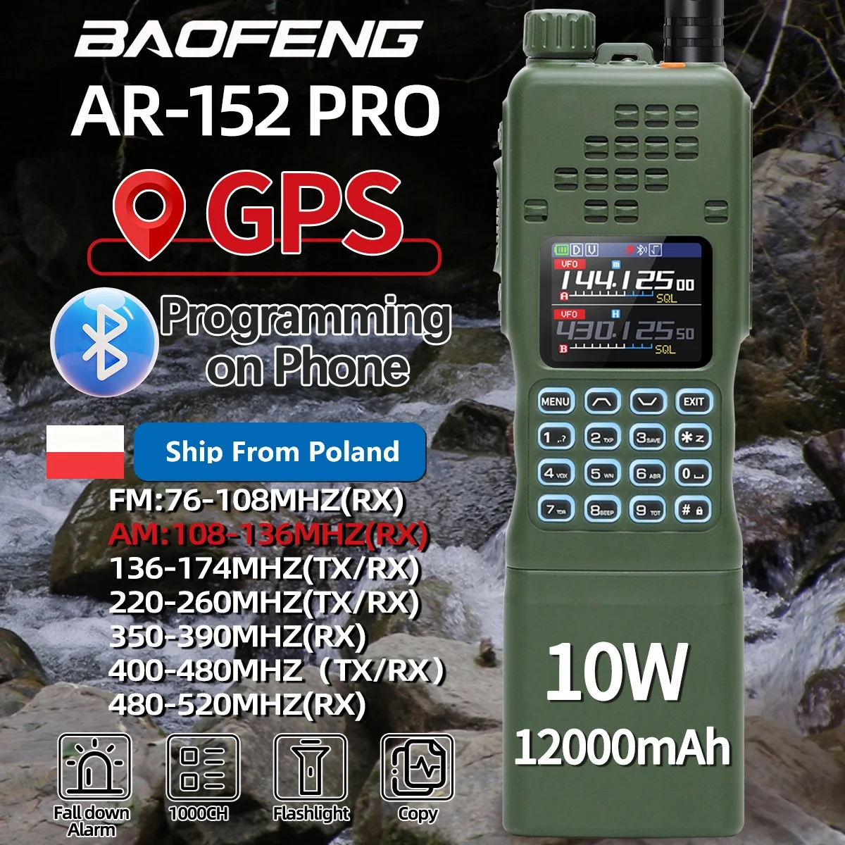 Baofeng AR 152 PRO GPS 10W Hochleistungs-CS-Taktisches Spiel-Walkie-Talkie mit Großer Reichweite, APP-Bluetooth-Programmierung, 1000 Kanäle, Multiband, 12000mAh Akku, Zwei-Wege-Funkgerät für