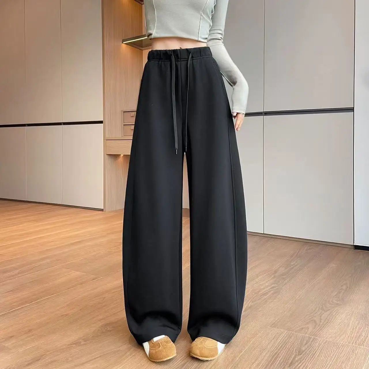 Womens 2026 Spring High Rise Straight Leg Pants Loose Fit Draped Floor Sweating Curved Hem Versatile Trousers