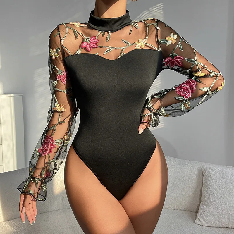 

Embroidered Mesh Bubble See Through Hollow Fashion Long Sleeves, Women's Sexy And Spicy Slim Fit Jumpsuit