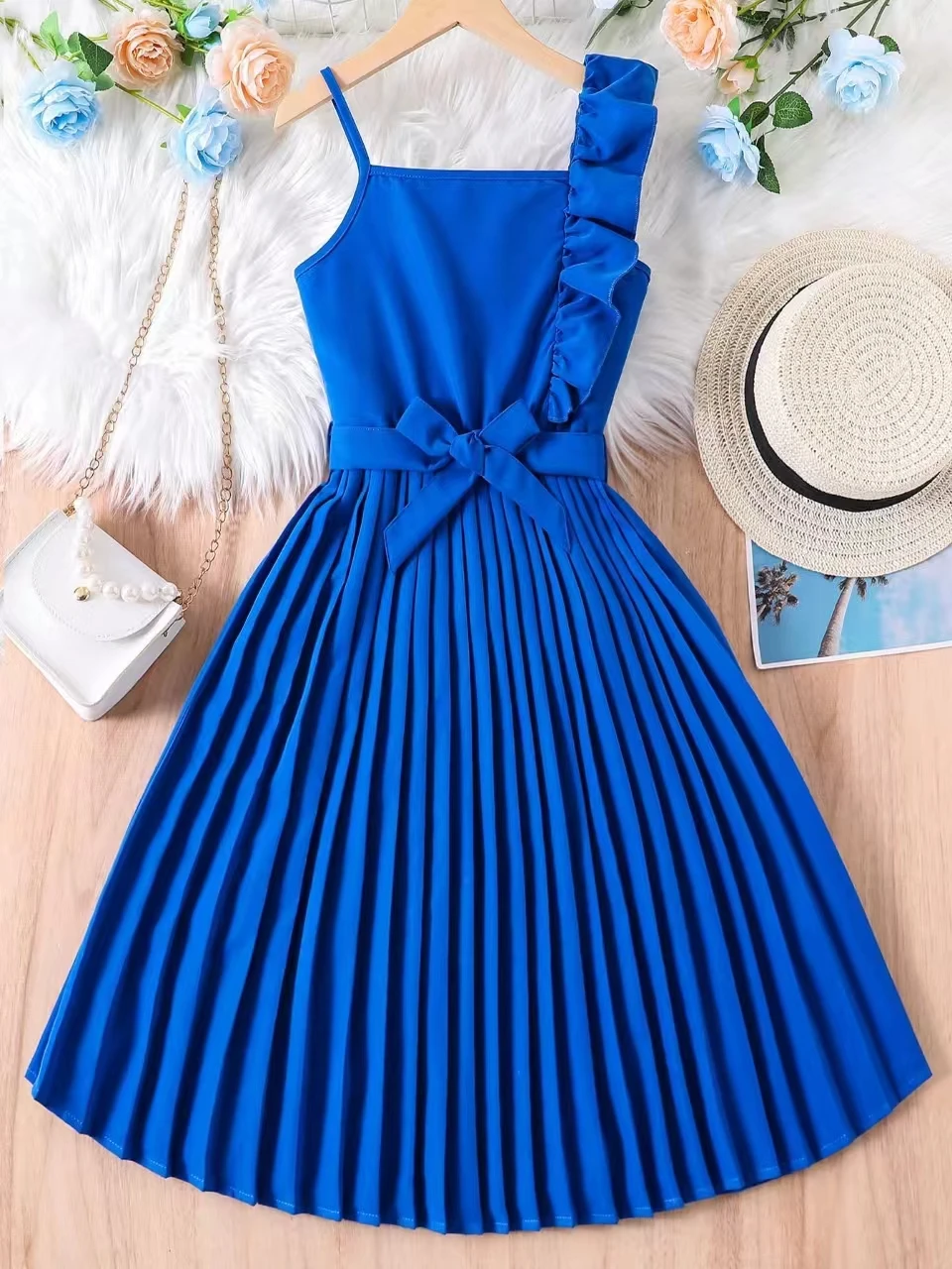 Falda plisada sin mangas de un solo hombro para niña, vestido de temperamento ceñido de encaje, tirantes de Color sólido, cintura de verano