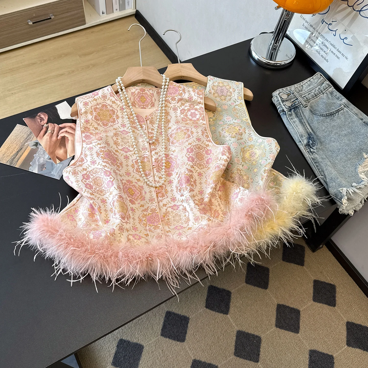 

New Chinese Sle Hanfu Ethnic Sle Detachable Furry Satin Embroidered Heavy Weave round Ne Vest Top Women's Faion
