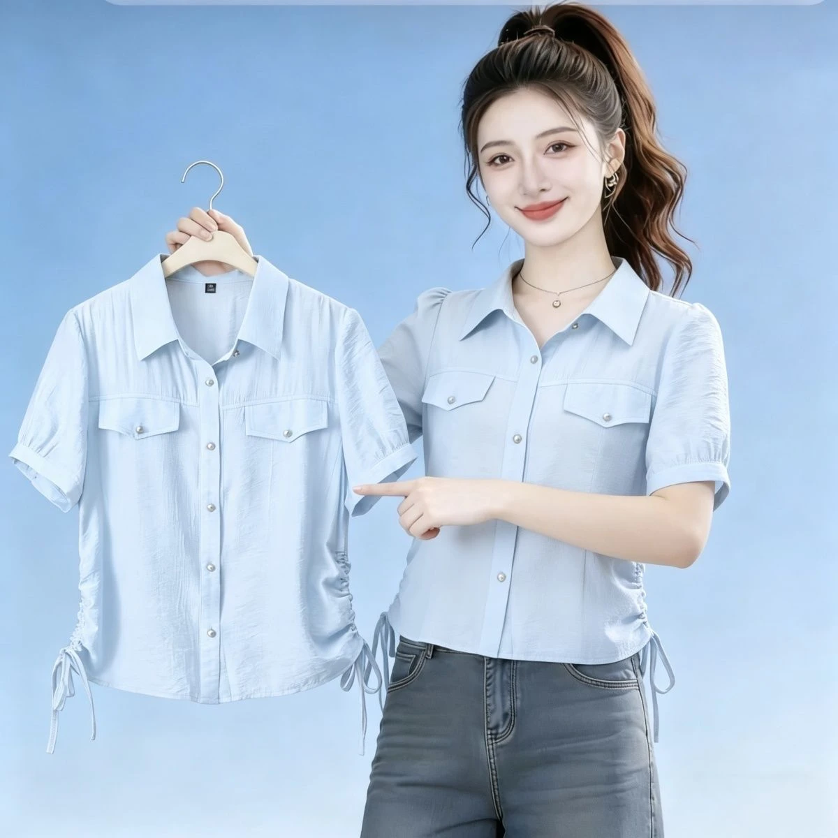 Casual Loose Short Sleeve Shirt Women Summer New Style Girl Style Turn-down Collar Button Pocket Drawstring Slimming Youthful...