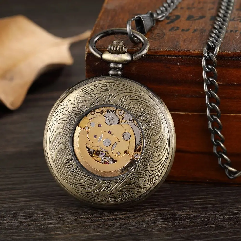 Vintage Bronze Skeleton Flip Cover Hand Wind Mechanical Pocket Watch Men Steampuk Pendant Clock Chain With Arabic Numerals