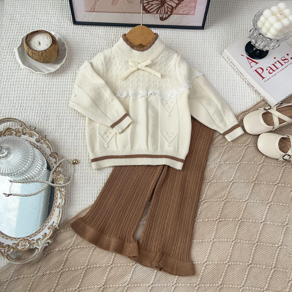 Children's Knitted Two Piece Set Autumn and Winter Casual Girls Clothes Lace Splicing Bow Long Sleeve Sweater + Bellbottom Pants